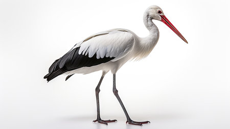 portrait of an elegant stork on a clean white background, capturing the graceful and majestic beauty of this long-legged birdの素材