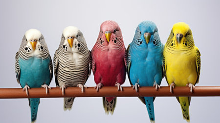 Budgerigars isolated on a white background, showcasing the vibrant and small avian beauty of these pet parakeetsの素材