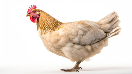 Feathered Beauty: Hen on a clean white background, showing the domestic and feathered elegance of this poultryの素材