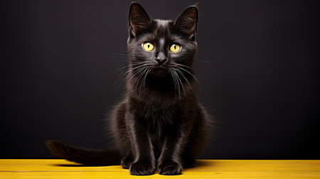 black cat with yellow eyes sitting in a charming arrangement, isolated on a clean white backgroundの素材