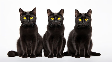 Three black cats with yellow eyes sitting in a charming arrangement, isolated on a clean white backgroundの素材