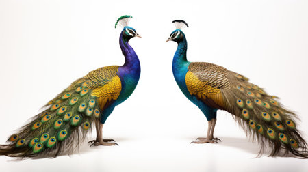 Feathered Duo: Two peacocks with vibrant feathers, isolated on a clean white background,の素材