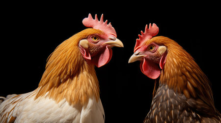 Two brown chickens engaged in lively conversation, with beaks close together, against a mysterious black background,の素材