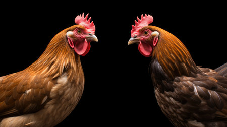 Two brown chickens engaged in lively conversation, with beaks close together, against a mysterious black background,の素材