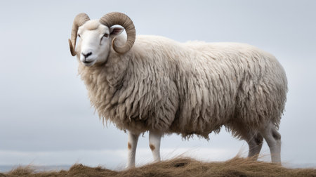 White ram isolated on a clean white background, showing the elegance of its horns and woolly coat, perfect for conveying the rural charm and agricultural beauty of farm life.の素材