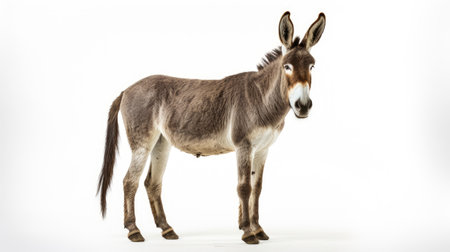 Isolated donkey on a clean white background, capturing the adorable face and friendly demeanor of this farmyard friend, perfect for conveying the charm of rural life with a domesticated creatureの素材