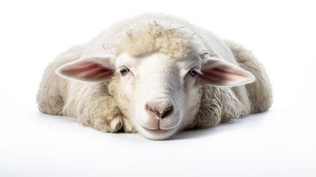 An overhead view capturing a content sheep lying comfortably on a white background, portraying peacefulness and the beauty of farm life."の素材