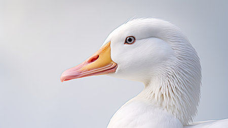 A captivating top-down view of a serene white duck floating on a tranquil white background, evoking a sense of purity and simplicity for diverse design needsの素材