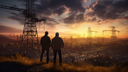 Power Industry Team: engineers surveying a power tower and substance at sunset, symbolizing dedication and progressの素材