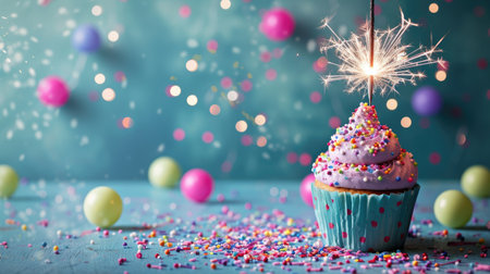 A birthday cupcake adorned with a celebration sparkler and sprinkles, setting the stage for a sweet celebrationの素材