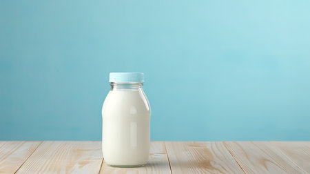 Nourishing Moments: Bottle of white milk on a wooden table, light blue wall background. A closeup view, conveying the concept of baby feeding.の素材