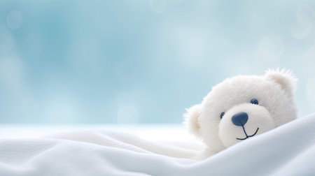 Closeup of a smiling white teddy bear on a light background.の素材