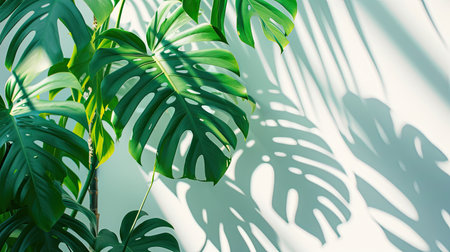 Close up of beautiful monstera flower leaves or Swiss cheese plant, Monstera deliciosa Liebm, interior minimalism concept, banner, copy spaceの素材