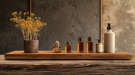 Showcase a podium from wood in rustic style as a background for perfume, jewelry, and cosmetic products.の素材