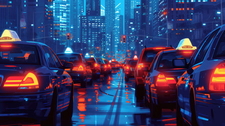 heavy traffic jam in twilight time, capturing the chaos and congestion of evening commute in the cityの素材