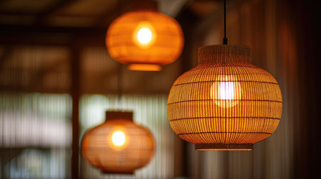 modern vintage design of a lamp in a home, hanging elegantly from the ceiling.の素材
