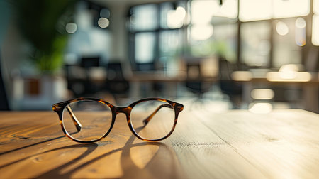 brown glasses on a wooden table in an office setting, conveying the concept of relaxation and eye protection during work breaksの素材