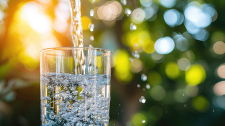 water pouring into a glass with sunlight in the backdrop, embodying the essence of refreshment and healthy hydration during the summer seasonの素材