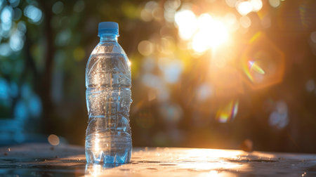 plastic bottle of cold water on a table, with sunlight creating a refreshing reflectionの素材