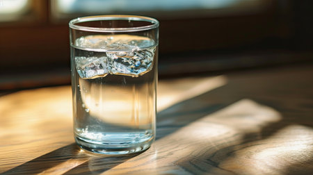 wooden table with clean drinking water, symbolizing the intersection of financial success and a commitment to a healthy lifestyleの素材