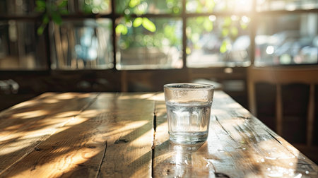 wooden table with clean drinking water, symbolizing the intersection of financial success and a commitment to a healthy lifestyleの素材
