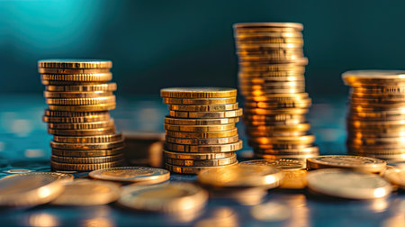 dynamic background of a well-organized stack of coins, symbolizing successful investment for wealth and strategic financial planningの素材