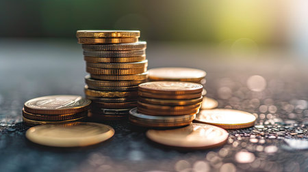 dynamic background of a well-organized stack of coins, symbolizing successful investment for wealth and strategic financial planningの素材