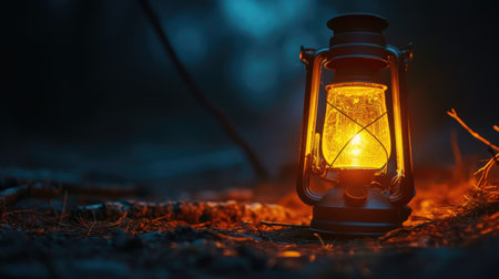 lantern illuminating the night at a campsite. Emphasize the warmth and coziness it brings to the outdoor adventureの素材