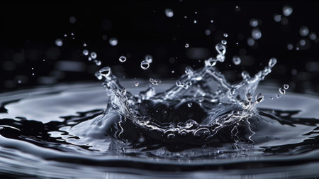 dance of a single droplet creating intricate ripples on a mysterious black canvas.の素材
