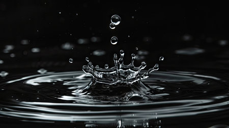 dance of a single droplet creating intricate ripples on a mysterious black canvas.の素材