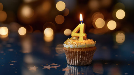 Celebrate with a golden candle number 4 in a cupcakeの素材