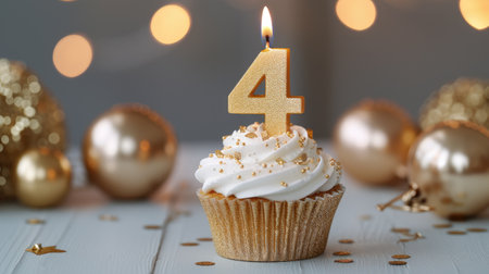 Celebrate with a golden candle number 4 in a cupcakeの素材