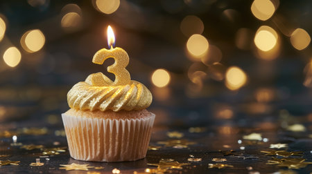 Celebrate with a golden candle number 3 in a cupcakeの素材