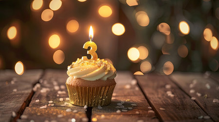 Celebrate with a golden candle number 3 in a cupcakeの素材