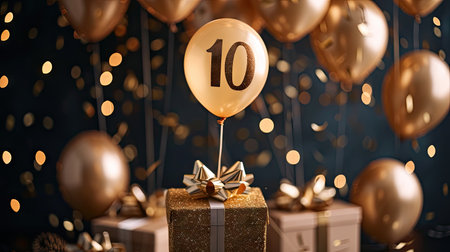 Celebrate a happy 10th birthday with gold surprise balloons and a gift box.の素材