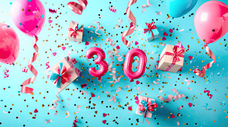 excitement with a gift box, birthday balloons, and the number 30 in a vibrant explosion.の素材