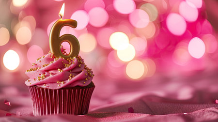 golden candle number 6 in a cupcake on a pastel pink background.の素材