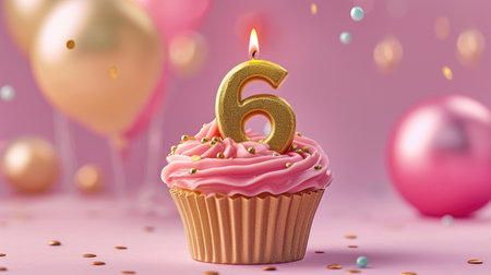 golden candle number 6 in a cupcake on a pastel pink background.の素材