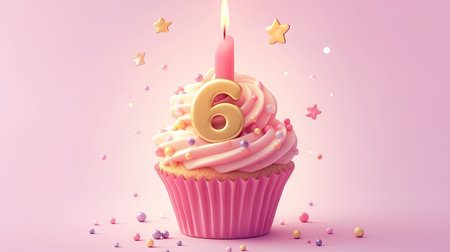 golden candle number 6 in a cupcake on a pastel pink background.の素材