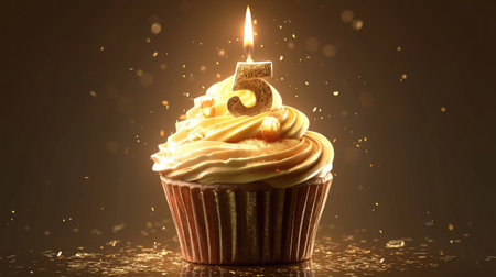 Celebrate with a golden candle number 5 in a cupcakeの素材