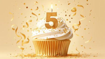 Celebrate with a golden candle number 5 in a cupcakeの素材