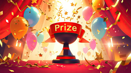 success with a 3D word banner, gold confetti, and ribbons on a vibrant red backdrop.の素材