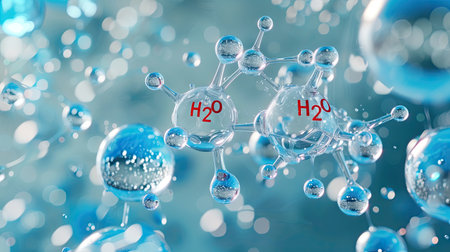 A captivating image of the H2O formula, presenting the molecular structure of water in a visually appealing way, perfect for scientific education and chemistry enthusiastsの素材