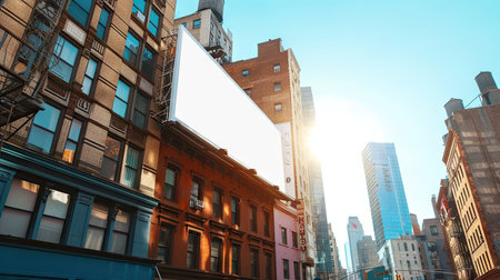 An outdoor billboard advertisement mock-up against the backdrop of buildings in big cities, providing a dynamic urban landscape for marketing display and commercial promotionの素材