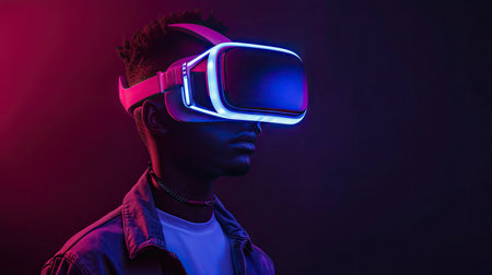 A model young man with a beard in glasses of virtual reality on a dark background, showcasing the concept of augmented reality, science, and future technology with neon lightの素材