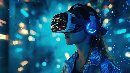A woman on a dark virtual reality background, using a VR helmet, with a blue neon light, portraying the concept of augmented reality, future technology, and gaming innovationの素材