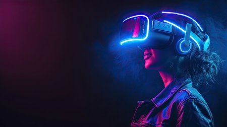 A woman on a dark virtual reality background, using a VR helmet, with a blue neon light, portraying the concept of augmented reality, future technology, and gaming innovationの素材