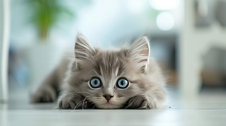 A funny large longhair gray kitten with beautiful big blue eyes lying on a white table, creating a playful and adorable scene perfect for cat lovers and humor enthusiastsの素材