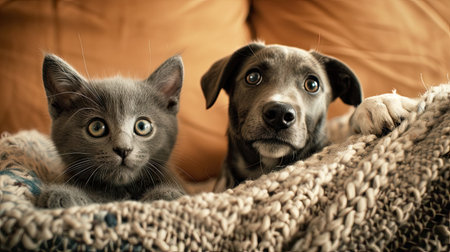 A funny gray kitten and smiling dog with beautiful big eyes on a fashionable background, creating a whimsical scene perfect for pet lovers and humor enthusiasts.の素材