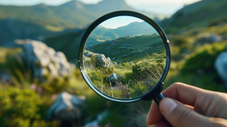 A captivating landscape view through a magnifying glass, revealing unseen details and enhancing the beauty of the outdoor environment, perfect for exploration and discovery conceptsの素材